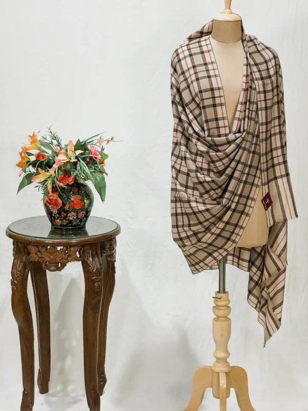Beige Pure Pashmina Multi-Colour Checkered Pattern Shawl