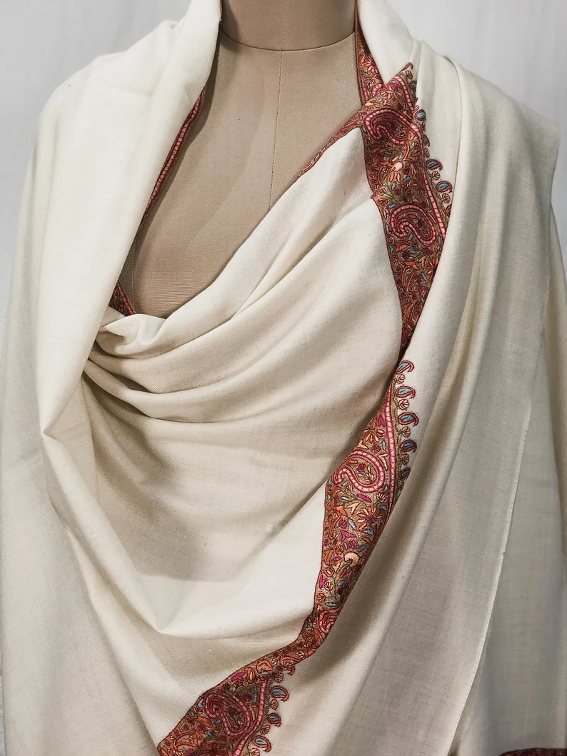 White Pure Pashmina Shawl With Sozni hand Embroidery front White Pure Pashmina Shawl With Sozni hand Embroidery front