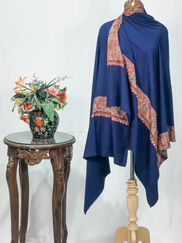 Navy Blue Papier Mache Hand Embroidered Pure Pashmina Shawl
