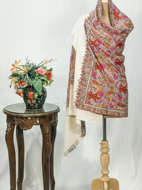 Off-White Pure Pashmina Shawl With Papier Mache Jama Hand Embroidery