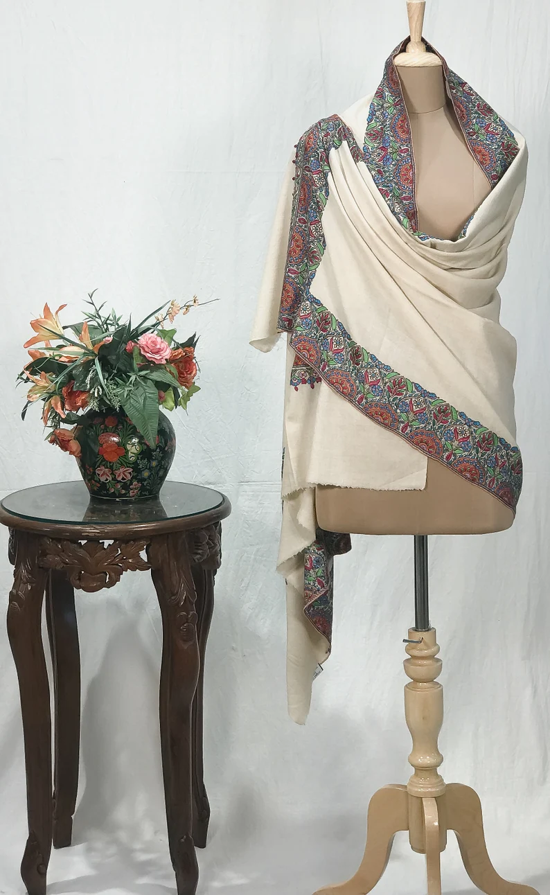 Off-White Pure Pashmina Shawl With Papier Mache Border Design