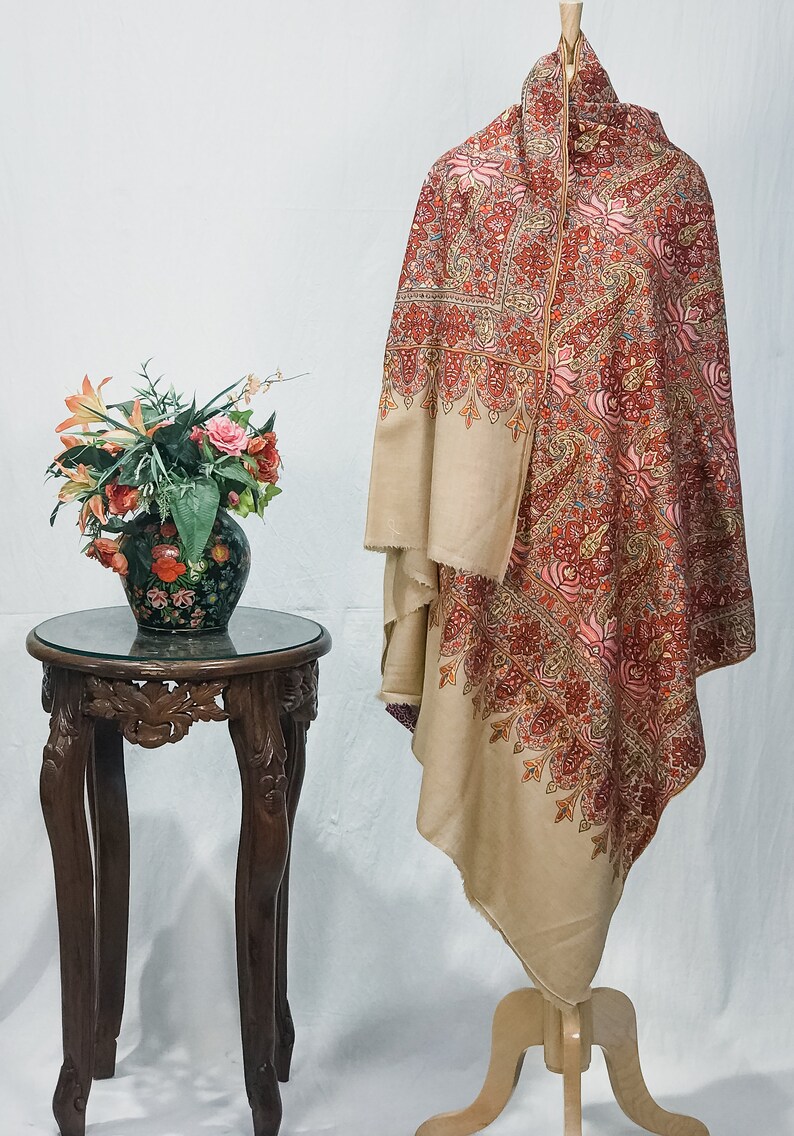Beige Pure Pashmina Shawl With Papier Mache Jama Hand Embroidery