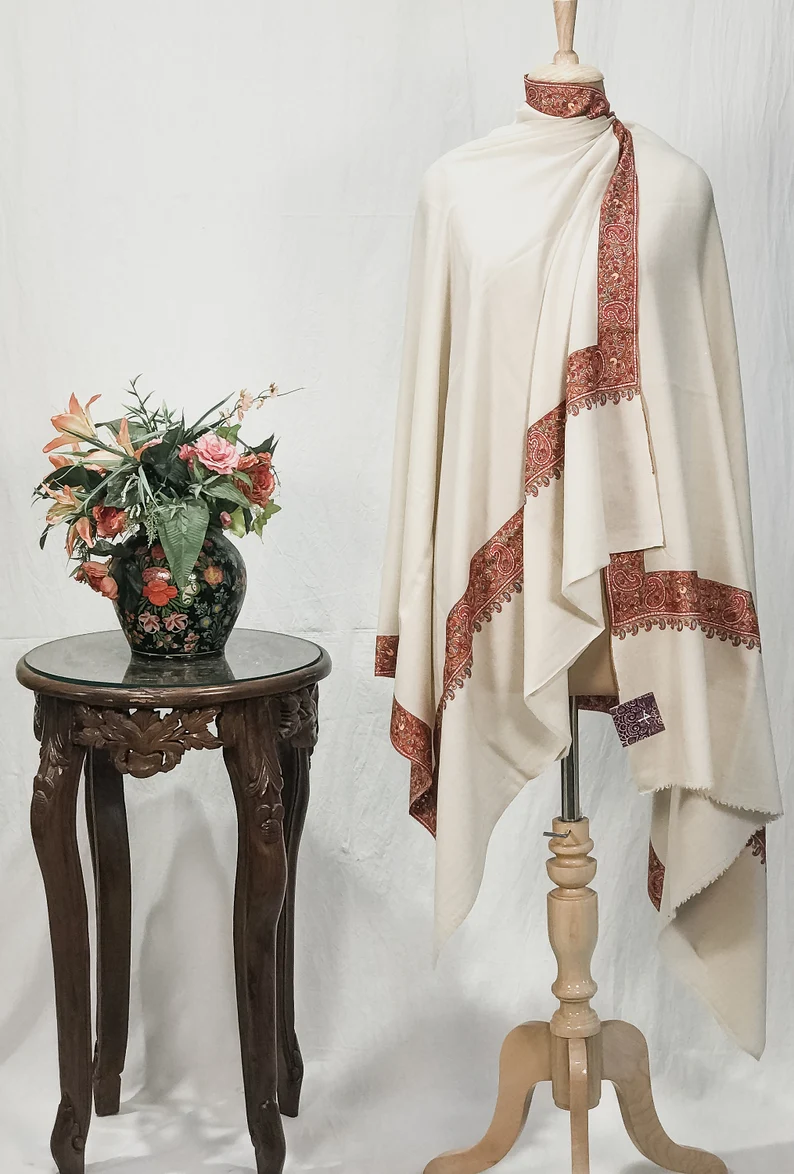 White Pure Pashmina Shawl With Sozni hand Embroidery White Pure Pashmina Shawl With Sozni hand Embroidery