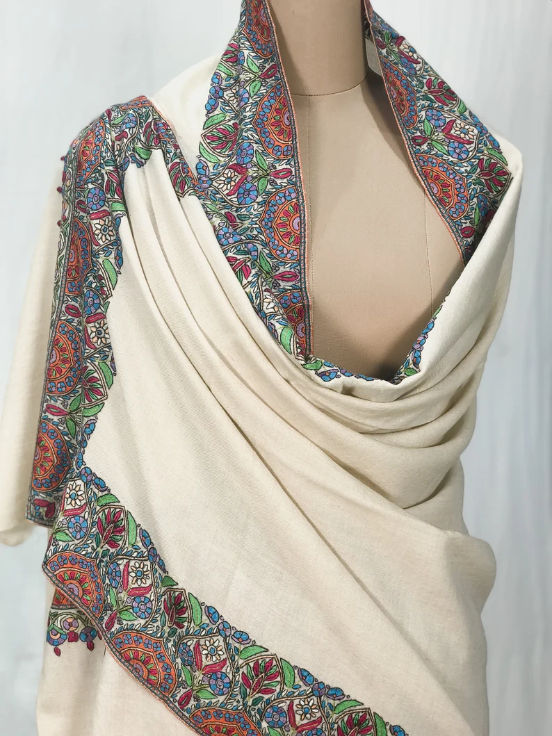 Off-White Pure Pashmina Shawl With Papier Mache Border Design front