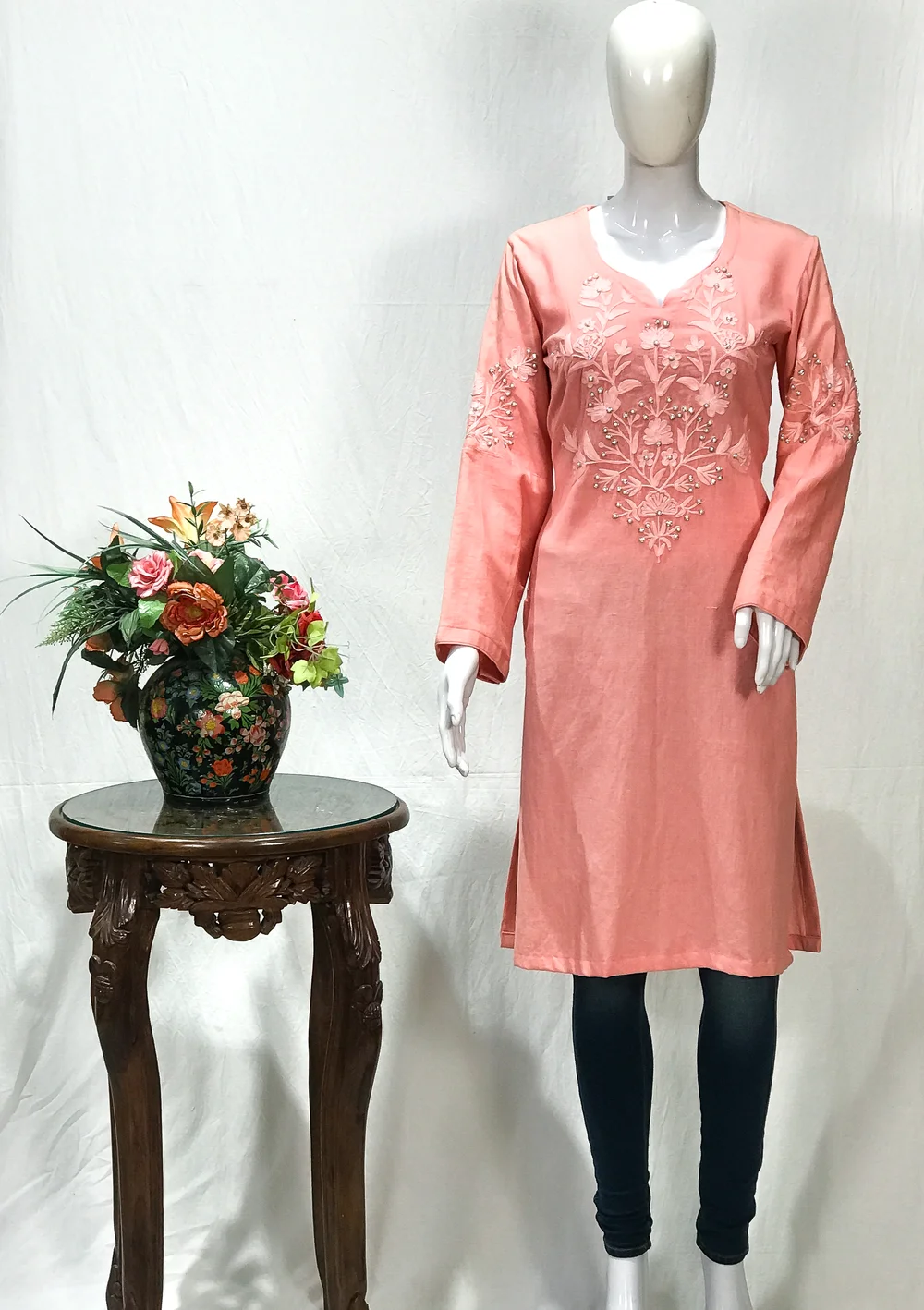 Peach Cotton Kurti with Kashmiri Aari and Kardana Work