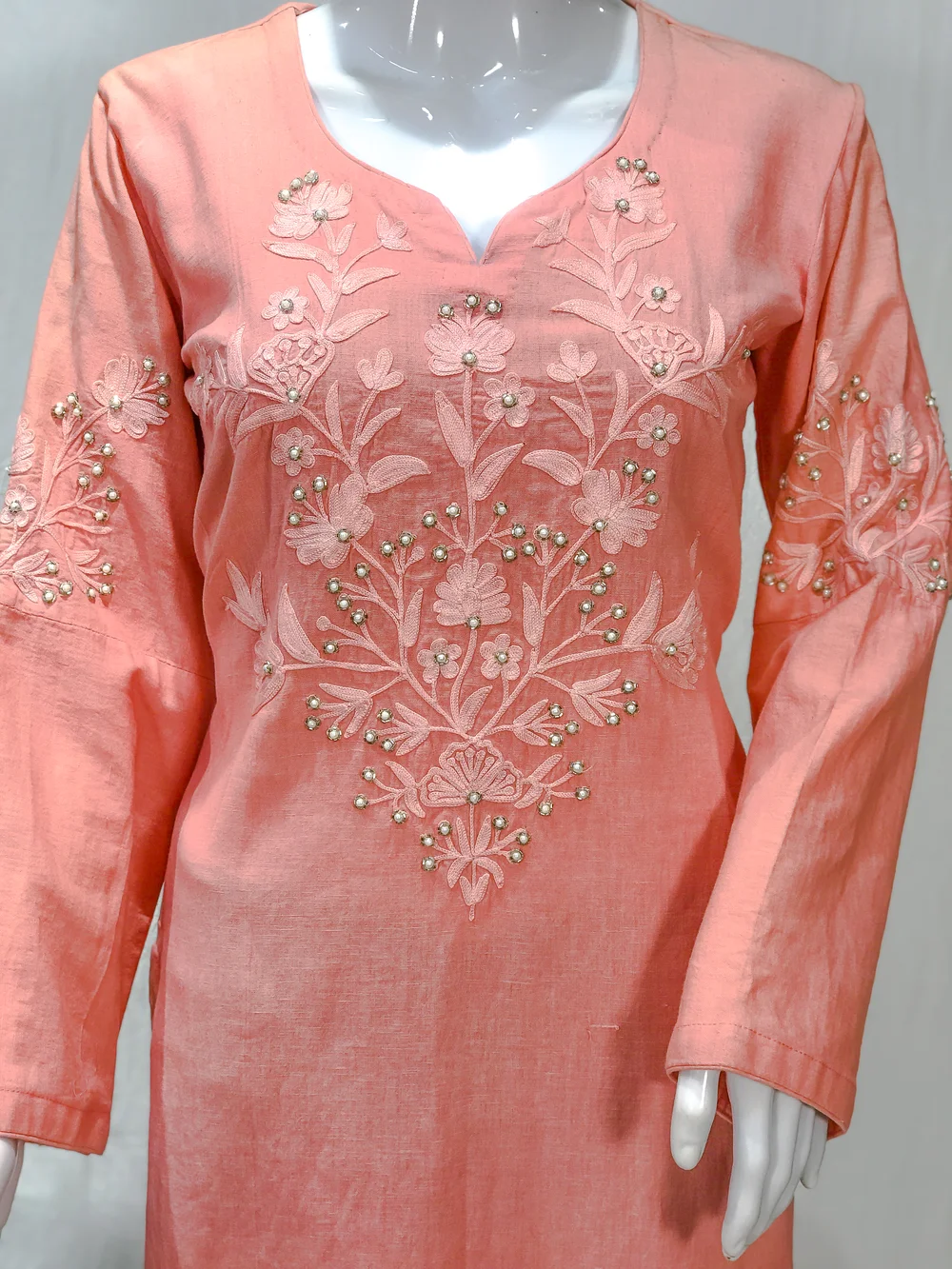 Peach Cotton Kurti with Kashmiri Aari and Kardana Work front
