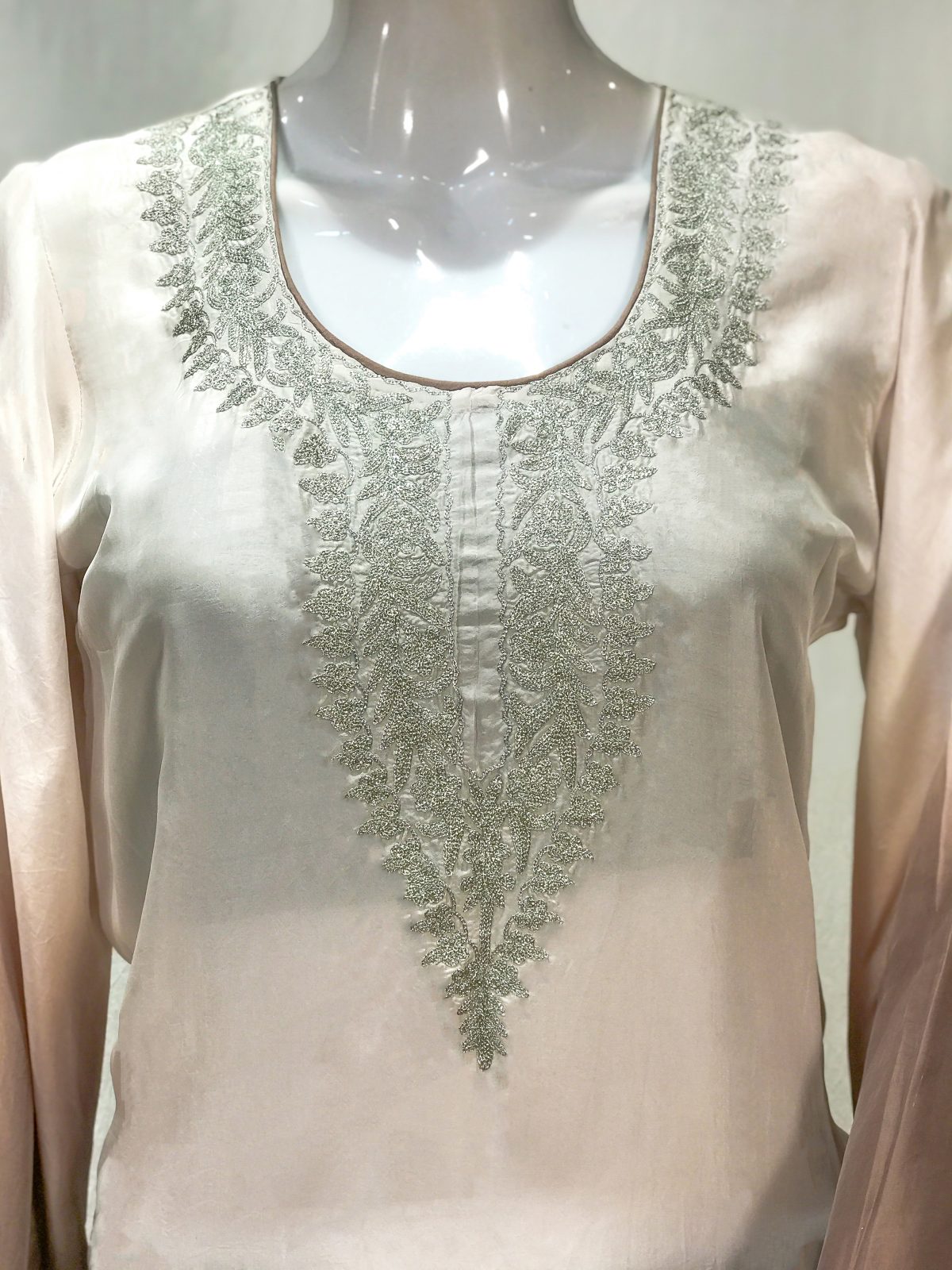 Fawn and Light Fawn Ombre Crepe Kurti with Tilla Machine Embroidery front Fawn and Light Fawn Ombre Crepe Kurti with Tilla Machine Embroidery front