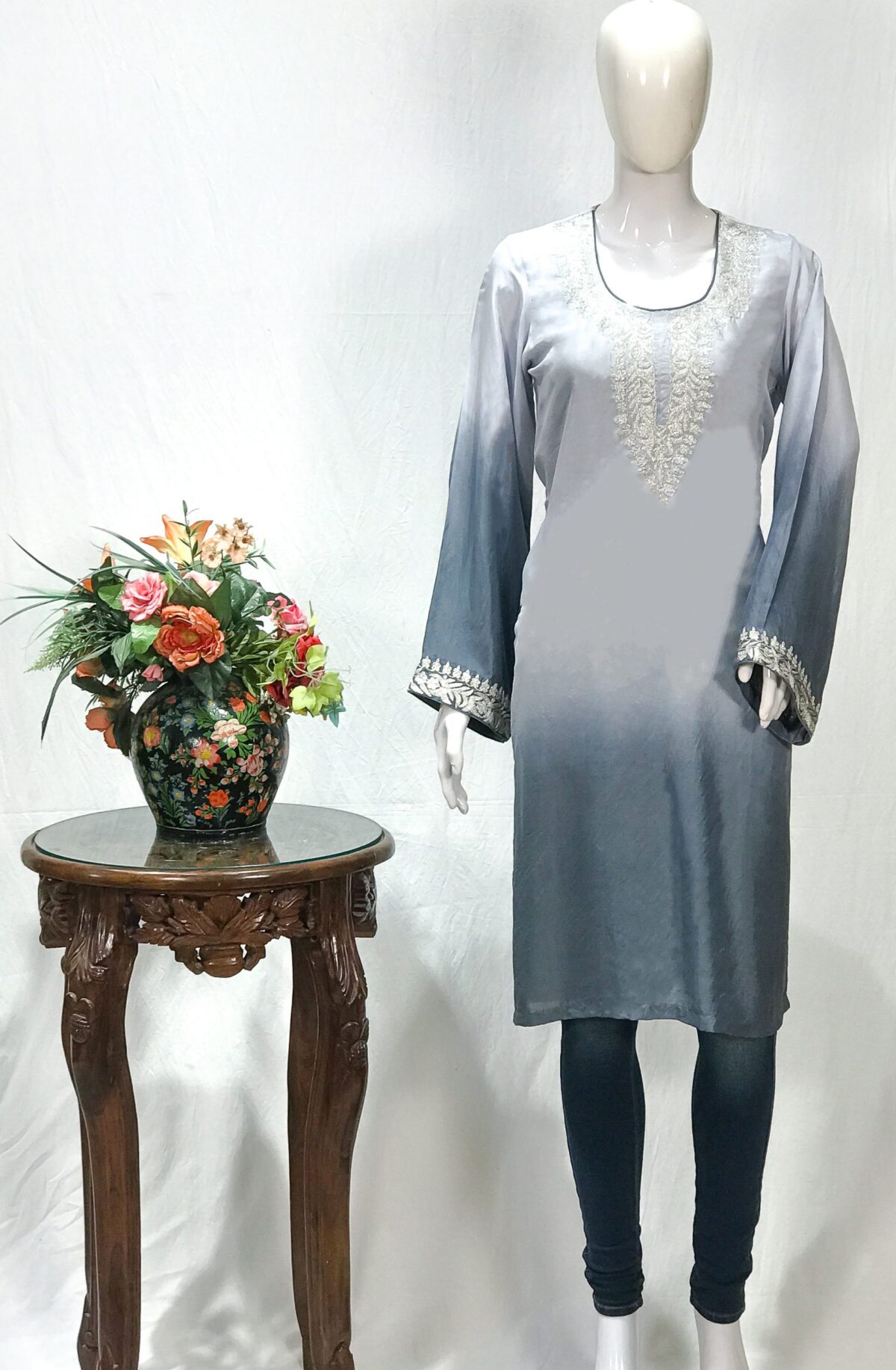 Grey and Light Grey Ombre Crepe Kurti with Tilla Machine Embroidery Grey and Light Grey Ombre Crepe Kurti with Tilla Machine Embroidery