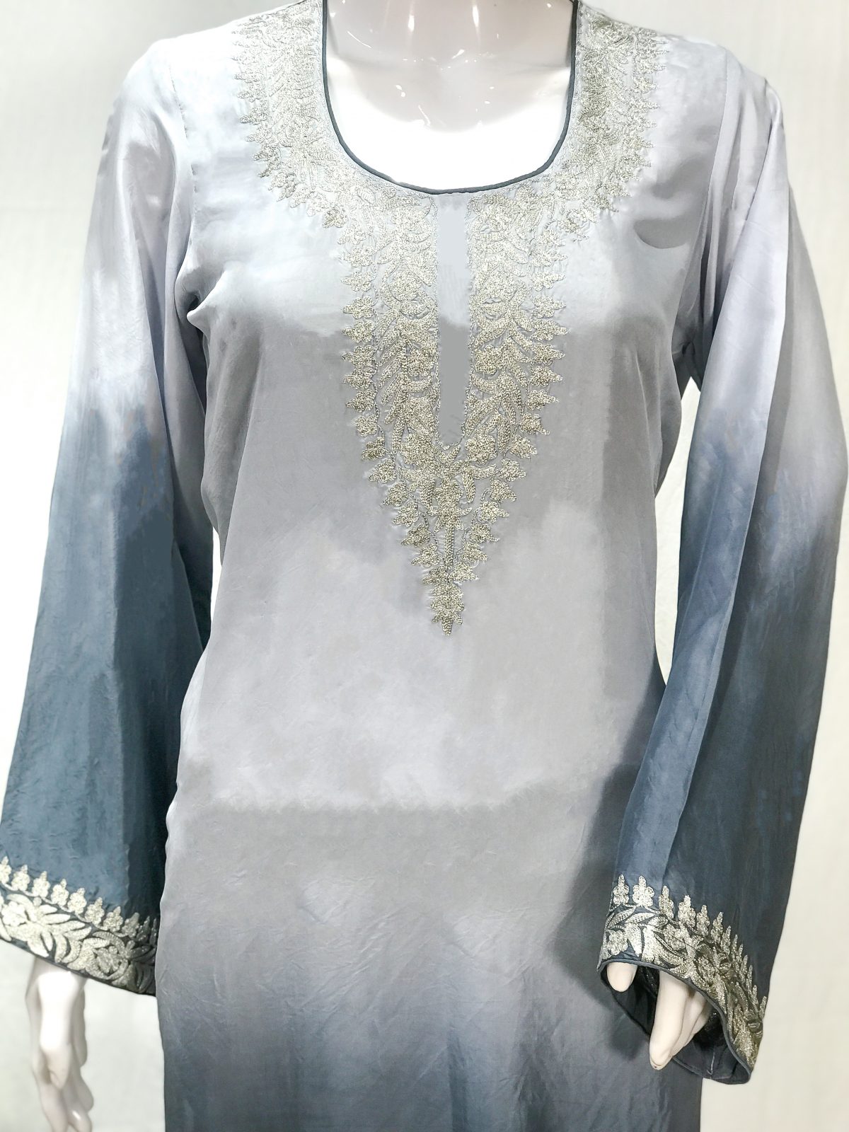 Grey and Light Grey Ombre Crepe Kurti with Tilla Machine Embroidery front Grey and Light Grey Ombre Crepe Kurti with Tilla Machine Embroidery front