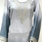 Grey and Light Grey Ombre Crepe Kurti with Tilla Machine Embroidery front