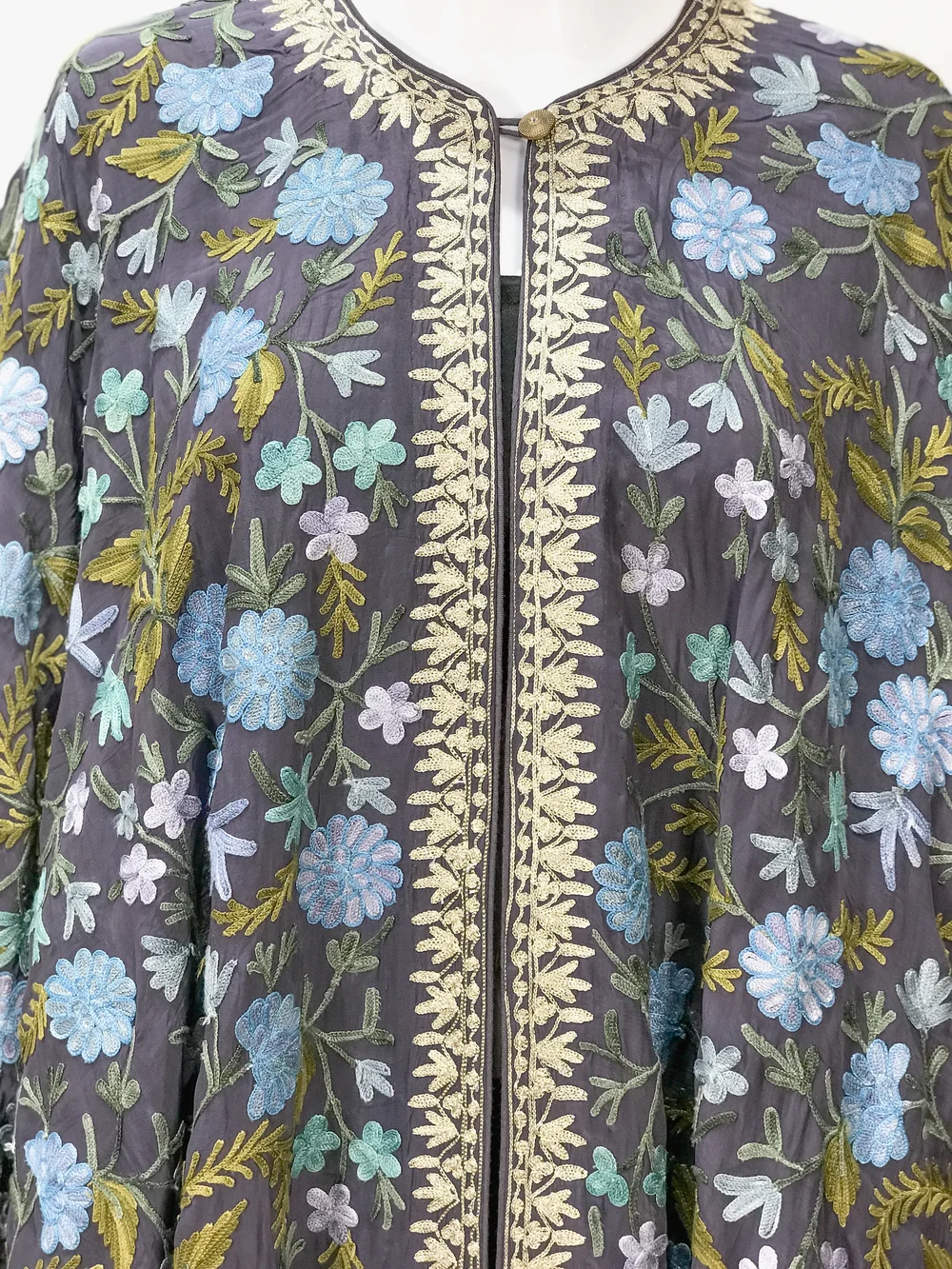 Charcoal Grey Shrug with Tilla and Kashmiri Aari Embroidery front