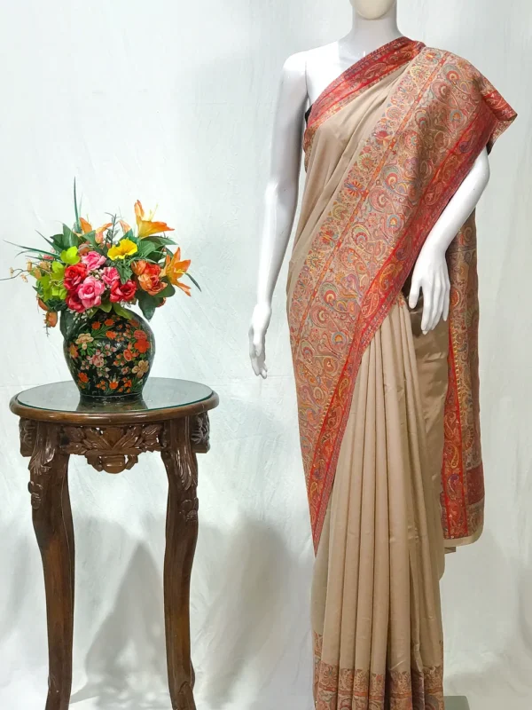 Nude Beige Modal Silk Kani Saree with Floral an Paisley Pallu Design