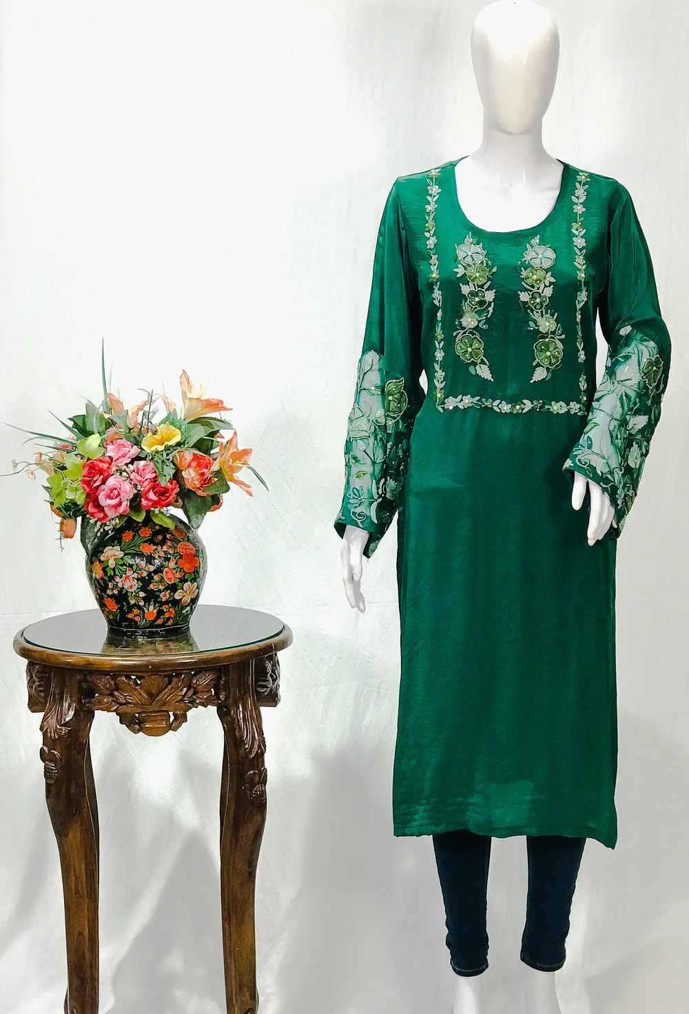 Bottle Green Kurta with Kashmiri Aari and Kardana Highlighting