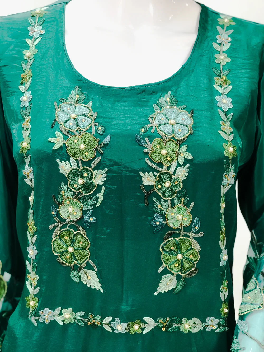 Bottle Green Kurta with Kashmiri Aari and Kardana Highlighting front