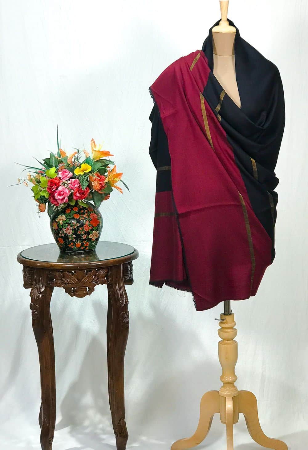 Black and Maroon Pure Pashmina Solid Shawl with Zari Stripes