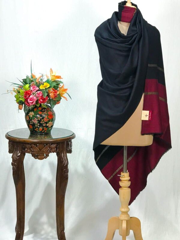 Black and Maroon Pure Pashmina Solid Shawl with Zari Stripes