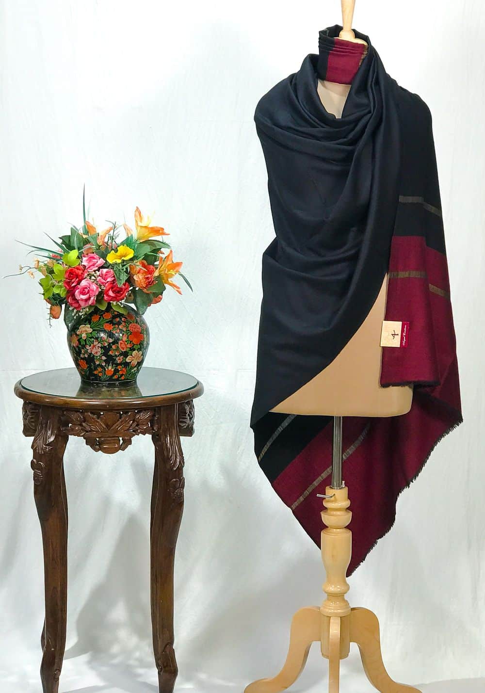 Black and Maroon Pure Pashmina Solid Shawl with Zari Stripes