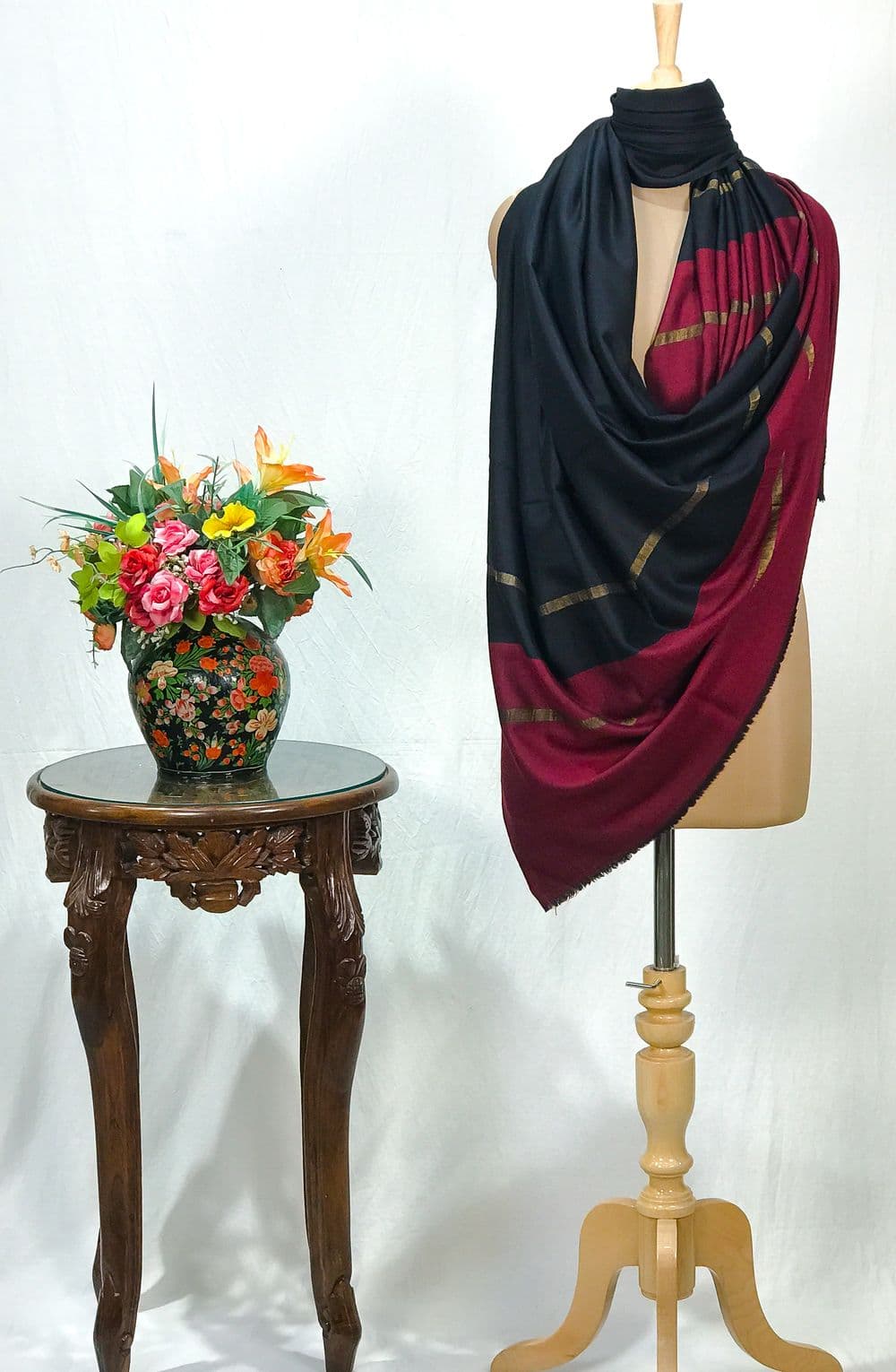 Black and Maroon Pure Pashmina Solid Shawl with Zari Stripes