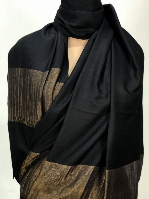 Black Pure Pashmina Solid Shawl with Zari Borders