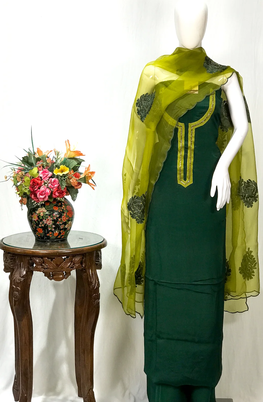 Bottle Green Salwar Suit with Aari Work, Kardana Highlighting and Organza Dupatta