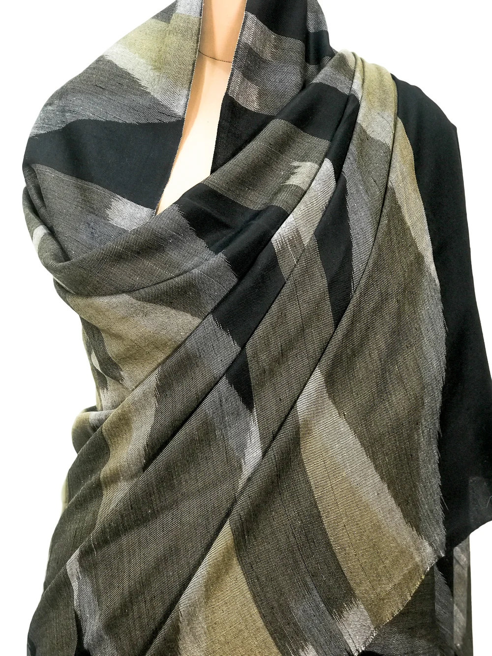 Black Geometrical Pattern Ikat Pure Pashmina Shawl front