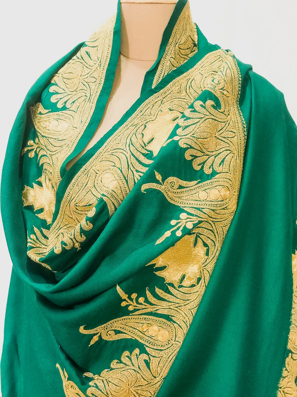 Bottle Green Pure Pashmina Shawl With Tilla Hand Embroidery front