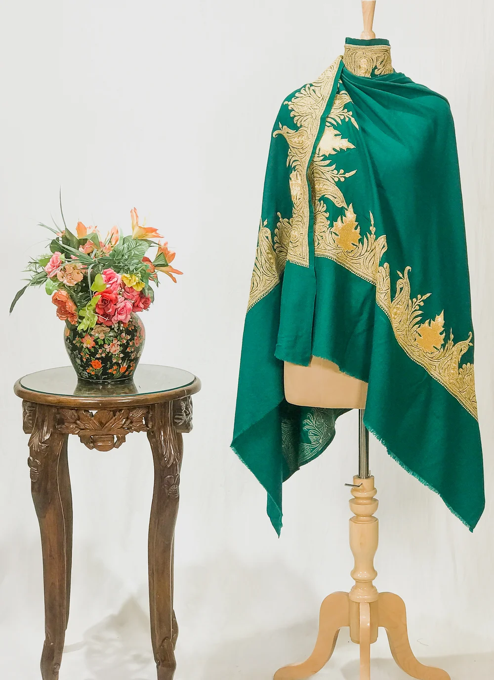 Bottle Green Pure Pashmina Shawl With Tilla Hand Embroidery