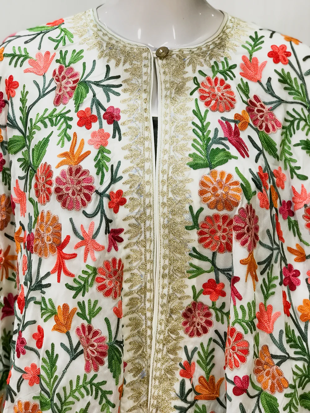 White Shrug with Tilla and Kashmiri Aari Embroidery front