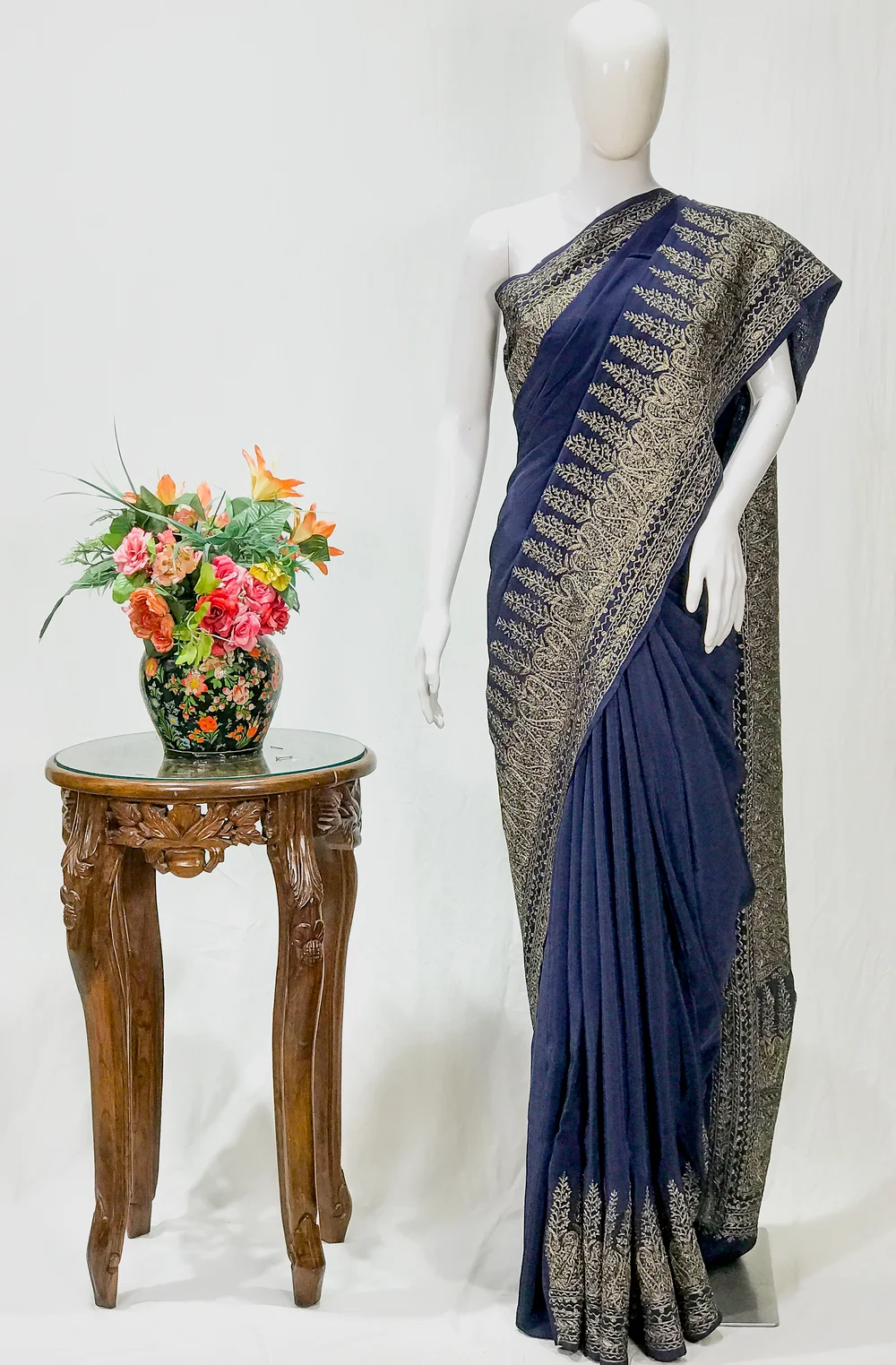 Indigo Blue Kashmiri Saree with Zari Thread Embroidery Indigo Blue Kashmiri Saree with Zari Thread Embroidery