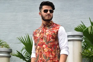 A Model wearing Red Design Nehru Jacket