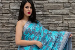 Embroidery Kashmiri Saree with grey navy blue colour