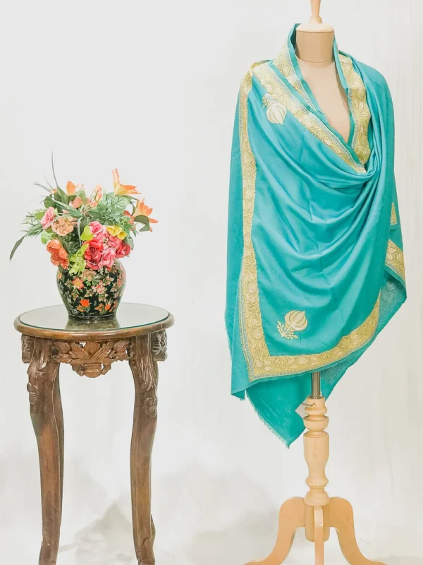 Turquoise Ferozi Pure Pashmina Shawl With Tilla Hand Embroidery