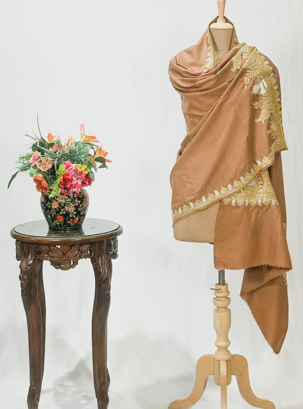 Caramel Brown Pure Pashmina Shawl With Tilla Hand Embroidery Caramel Brown Pure Pashmina Shawl With Tilla Hand Embroidery
