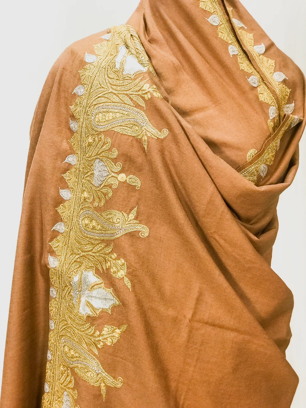 Caramel Brown Pure Pashmina Shawl With Tilla Hand Embroidery front Caramel Brown Pure Pashmina Shawl With Tilla Hand Embroidery front