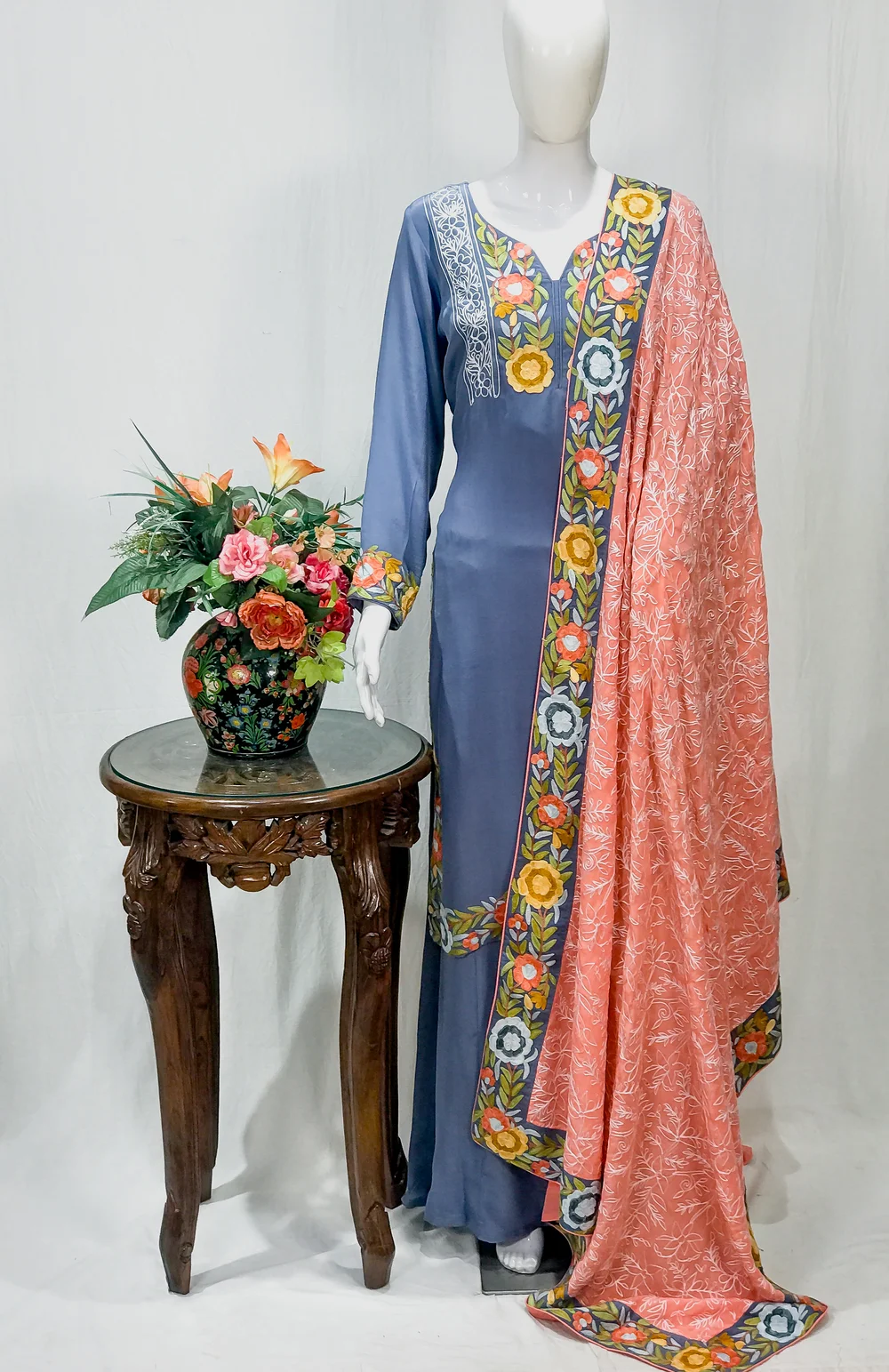 Grey Pure Crepe Salwar Suit with Kashmiri Aari Embroidery