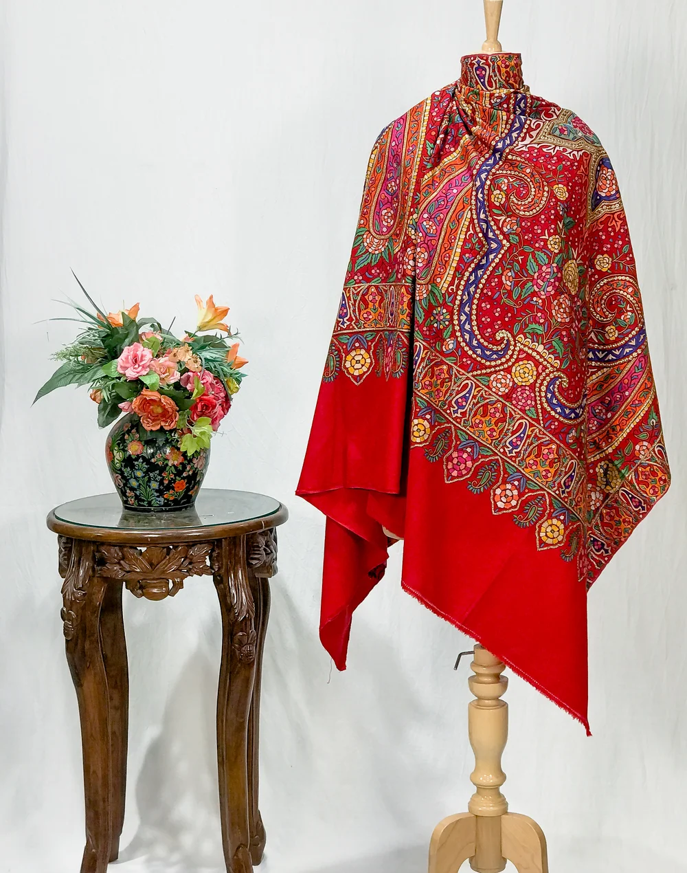 Red Pure Pashmina Shawl With Tilla and Papier Mache Jaal Hand Embroidery