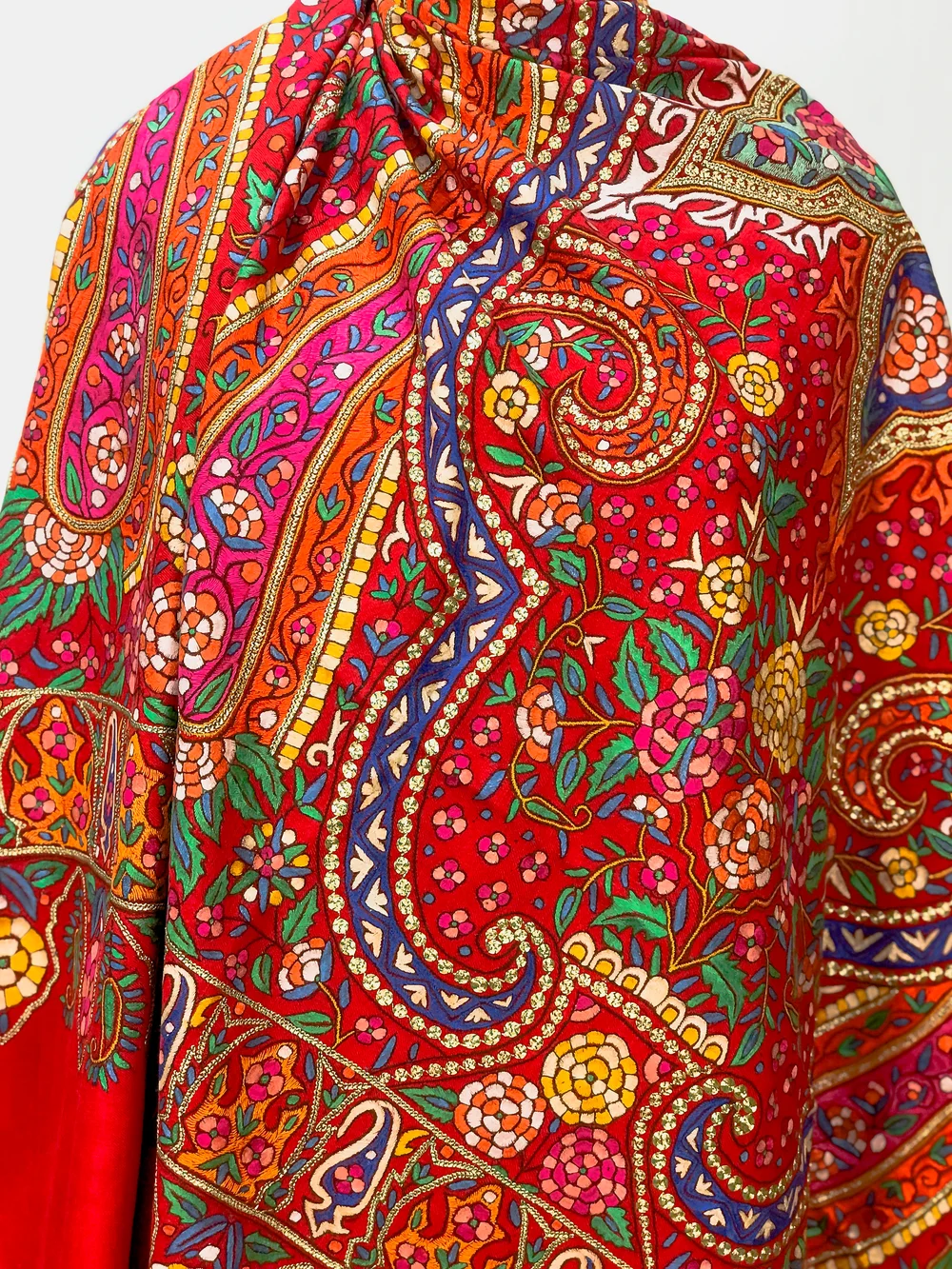 Red Pure Pashmina Shawl With Tilla and Papier Mache Jaal Hand Embroidery front