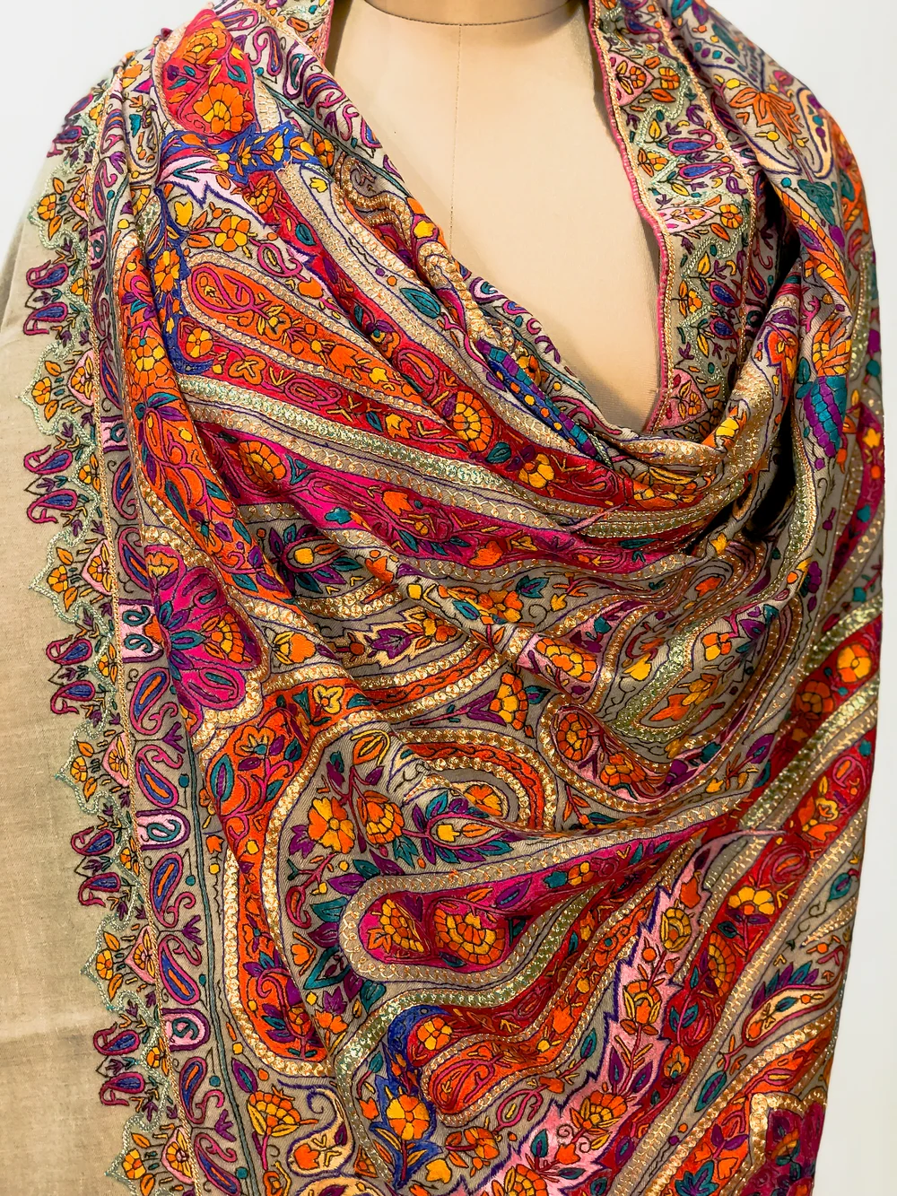 Natural Pure Pashmina Shawl With Tilla and Papier Mache Jamawar Hand Embroidery front