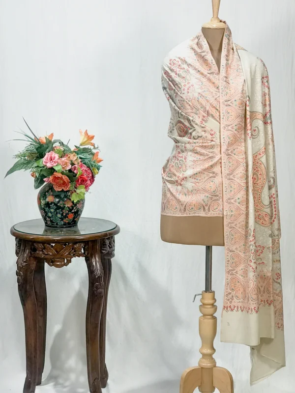 Cream Pure Pashmina Shawl With Sozni Hand Embroidery