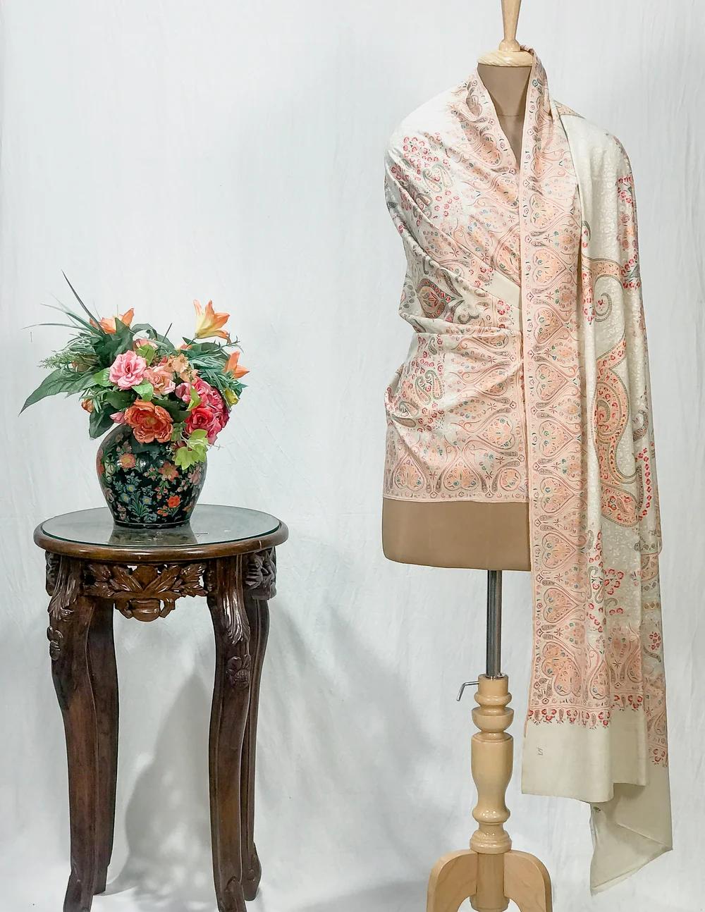 Cream Pure Pashmina Shawl With Sozni Hand Embroidery