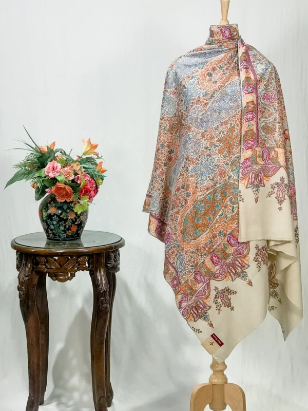 Off-White Pure Pashmina Shawl With Sozni Hand Embroidery