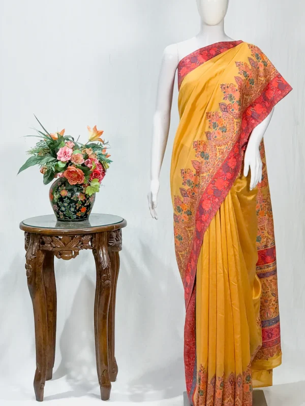 Yellow with Pink Floral Border Modal Silk Kani Saree