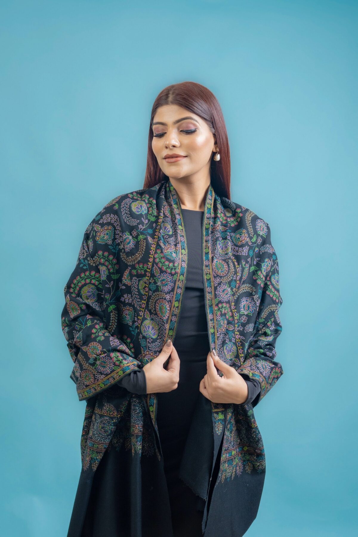 Black Pure Pashmina Shawl with Kalamkari Hand Embroidery