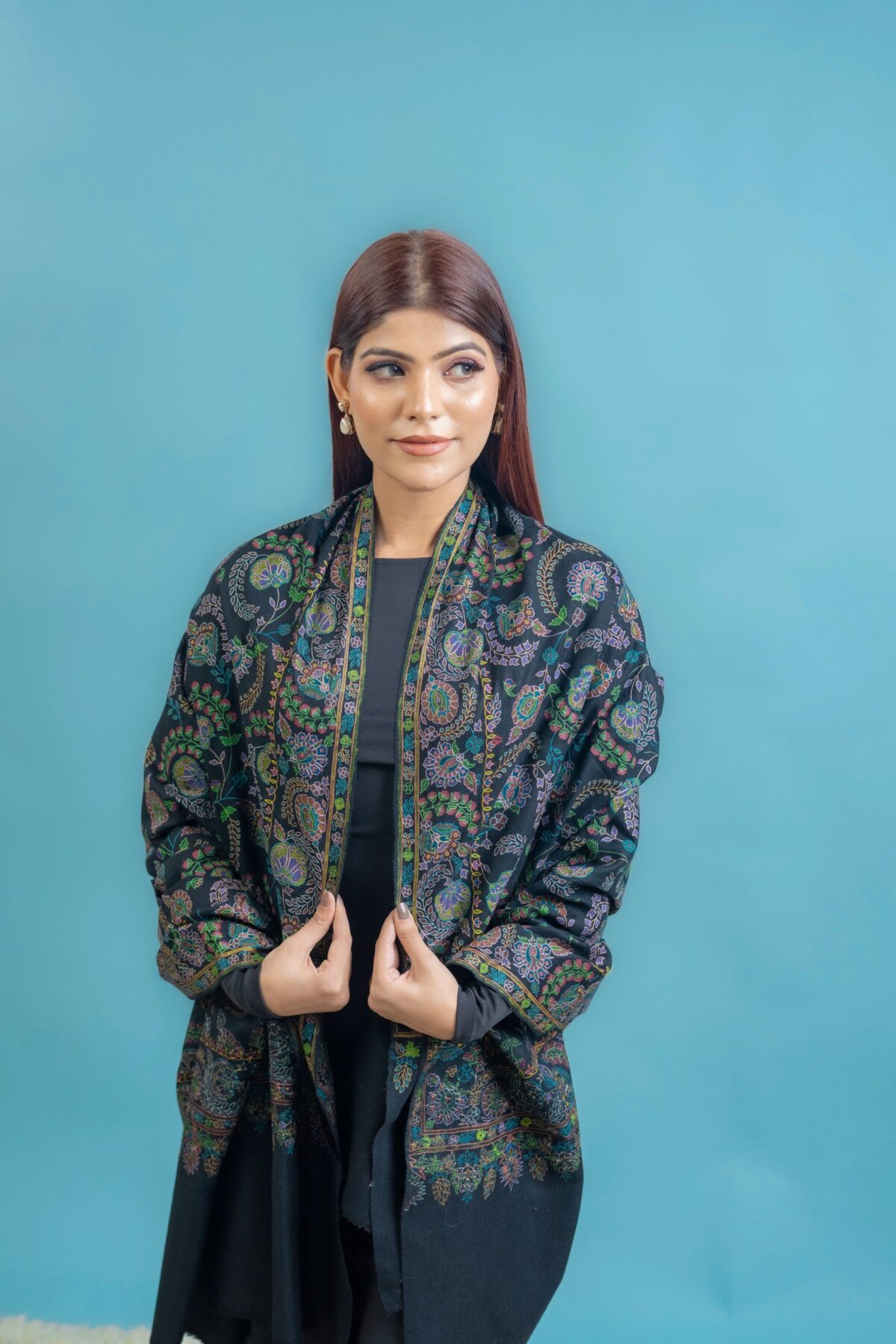 Black Pure Pashmina Shawl with Kalamkari Hand Embroidery