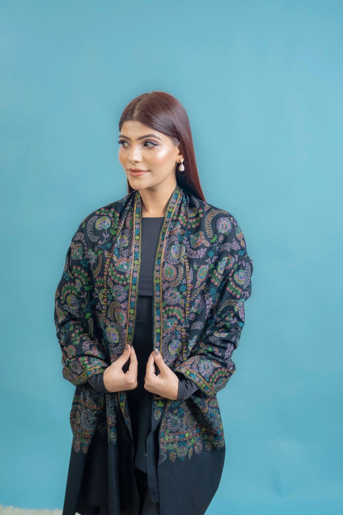 Black Pure Pashmina Shawl with Kalamkari Hand Embroidery