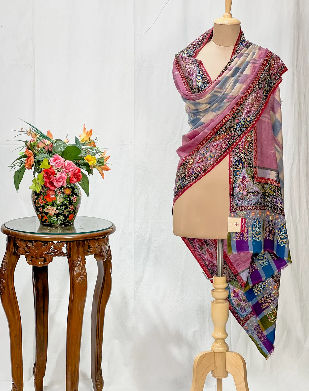 Multi-Colour Kalamkari Border on Ikat Pure Pashmina Shawl Multi-Colour Kalamkari Border on Ikat Pure Pashmina Shawl