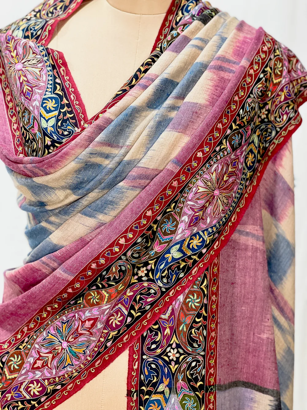 Multi-Colour Kalamkari Border on Ikat Pure Pashmina Shawl Front Multi-Colour Kalamkari Border on Ikat Pure Pashmina Shawl Front