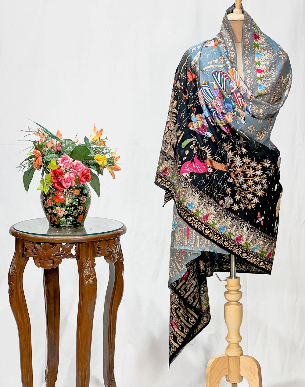 Black and Grey Ombre Pure Pashmina Shawl With Tilla and Thread Jaal Hand Embroidery