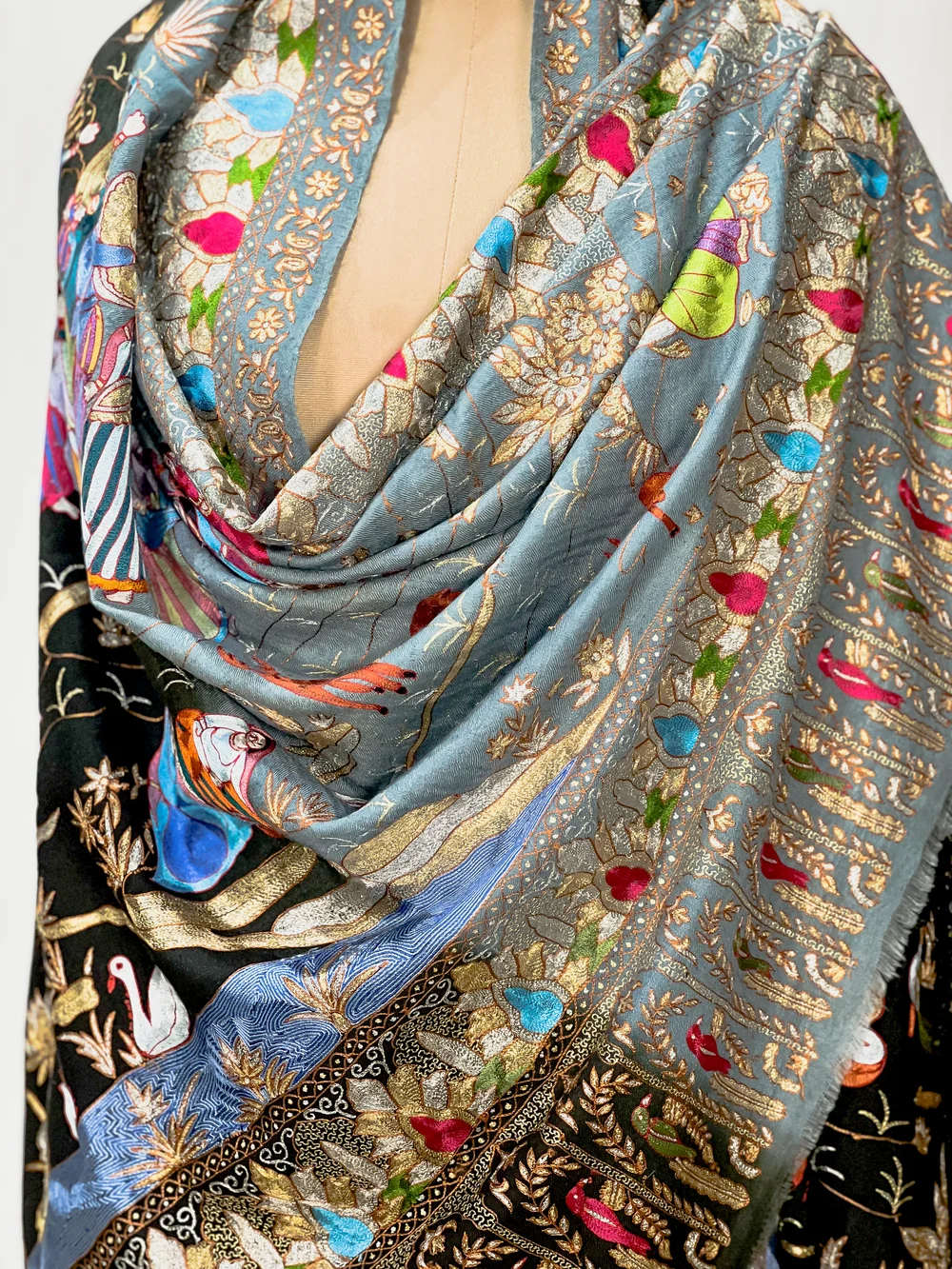 Black and Grey Ombre Pure Pashmina Shawl With Tilla and Thread Jaal Hand Embroidery Front