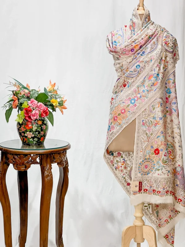 Cream Pure Pashmina Shawl With Tilla and Thread Jaal Hand Embroidery